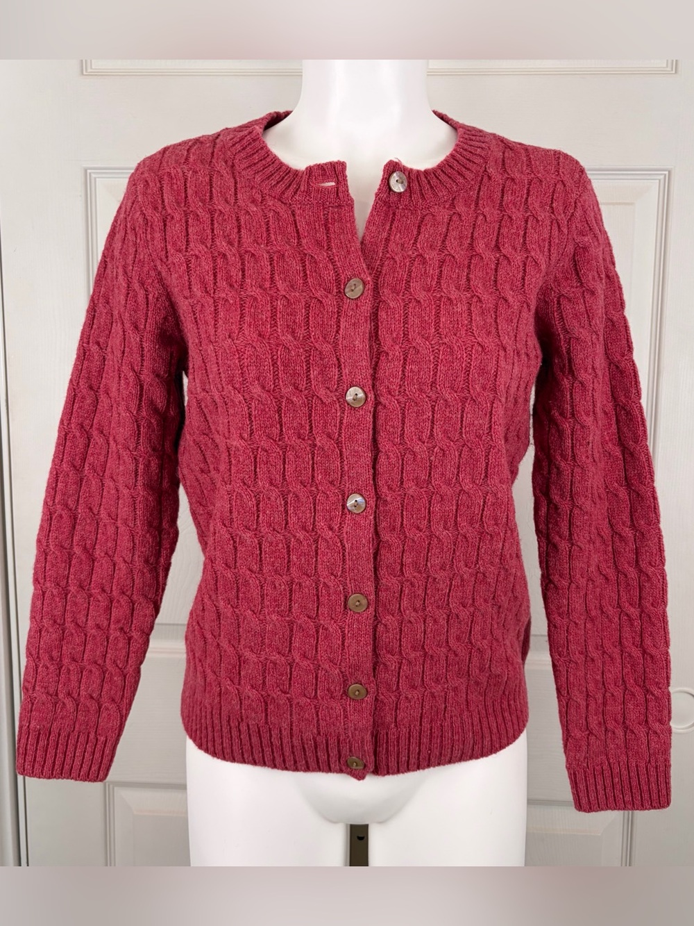 Vintage Norm Thompson Berry Pink Wool Cable Knit Cardigan Sweater